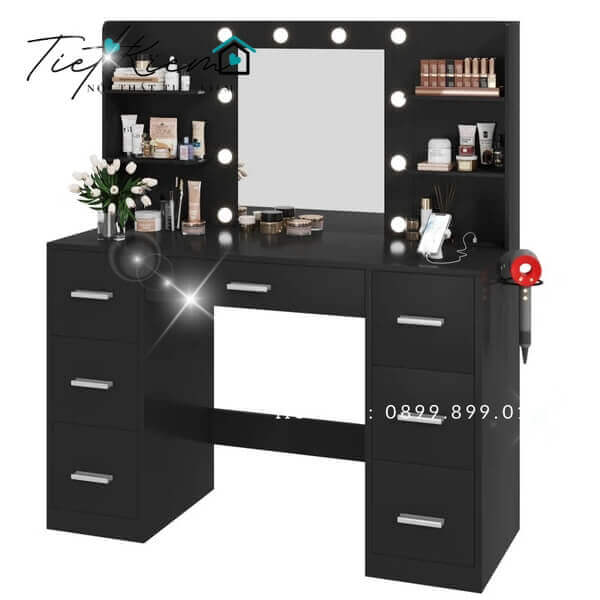 Bàn trang điểm màu đen có đèn BTD020 3 bàn trang điểm gỗ đẹp có đèn btd001