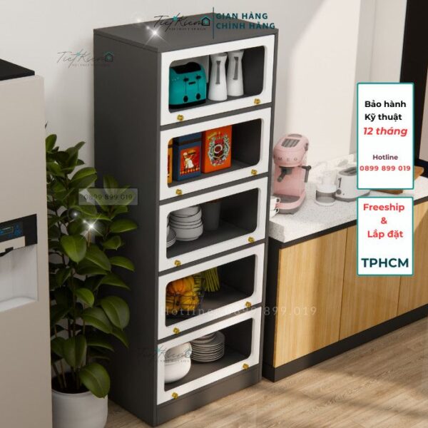 decor bếp gọn gàng với tủ để đồ thông minh