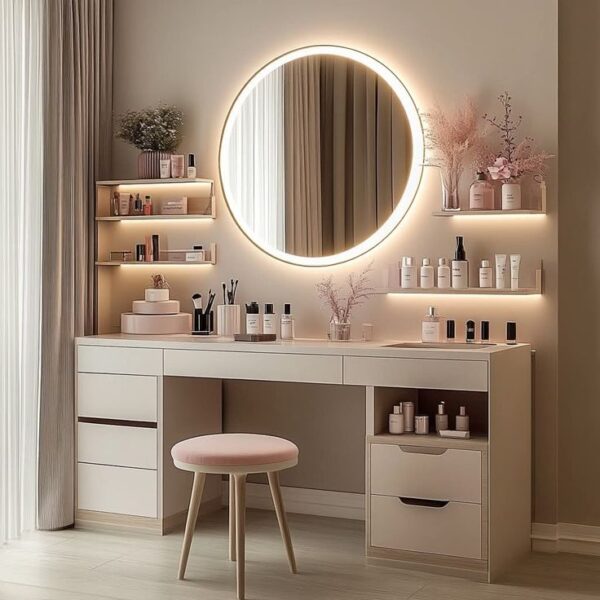 Bàn trang điểm có đèn LED gương tròn – Thiết kế tối giản hiện đại 1 Ban-trang-diem-co-den-LED-guong-tron