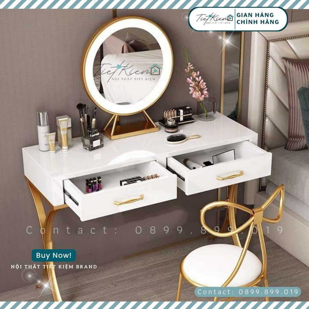 Bàn trang điểm gương tròn đèn BTD090 1 bàn trang điểm gương tròn đèn btd090