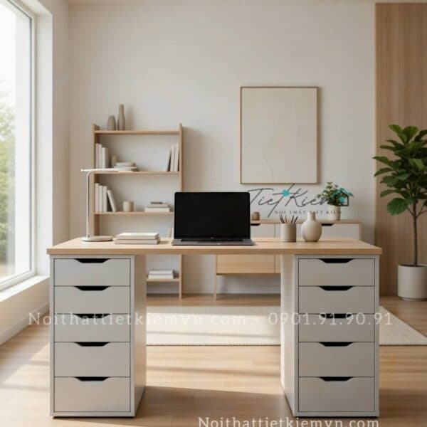 Bàn làm việc ikea 2 tủ mặt bàn gỗ ngang 1m2