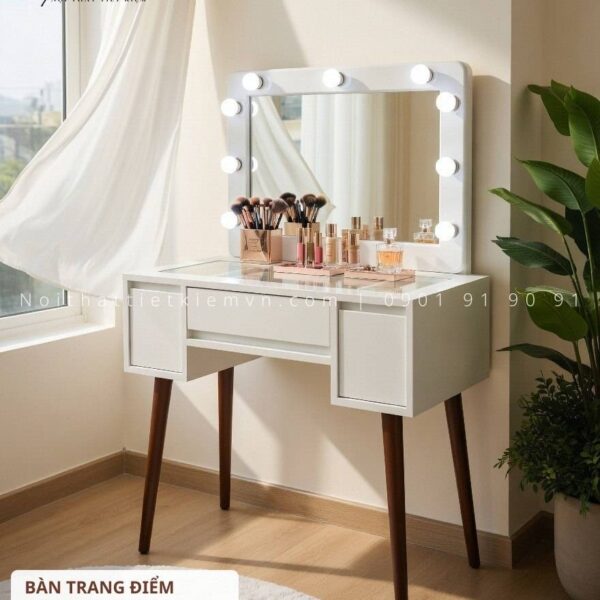 Bàn trang điểm chân gỗ thiết kế có đèn led | Bàn trang điểm chân gỗ