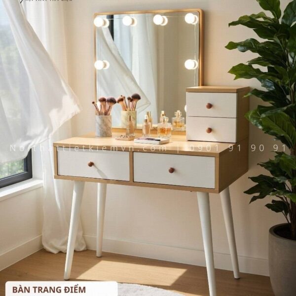 bàn trang điểm gỗ, gương có đèn led