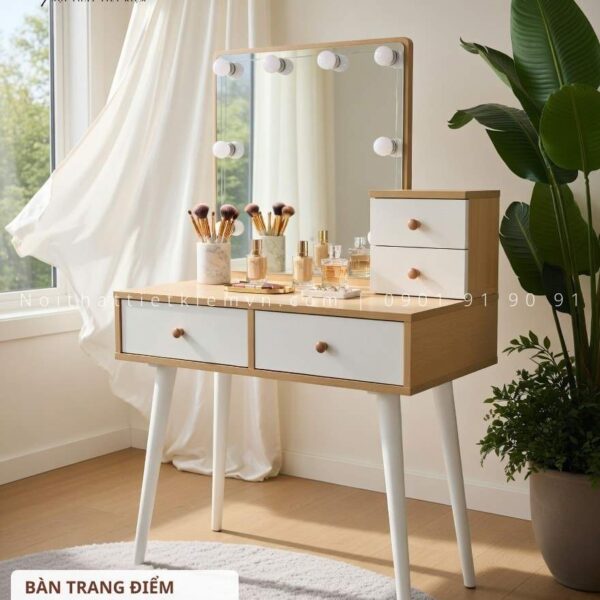 bàn trang điểm gỗ, gương có đèn led