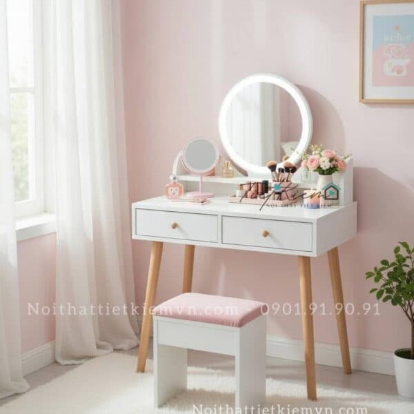 Bàn trang điểm gương tròn có đèn chân gỗ ngang 80cm
