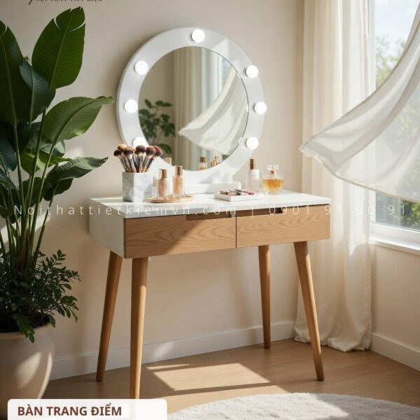bàn trang điểm gương tròn có đèn led | bàn trang điểm gương tròn có đèn