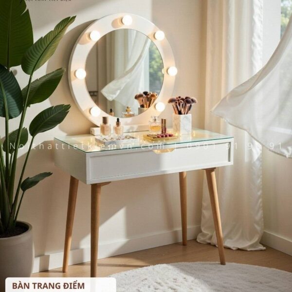 bàn trang điểm gương tròn có đèn led | bàn trang điểm gương tròn có đèn