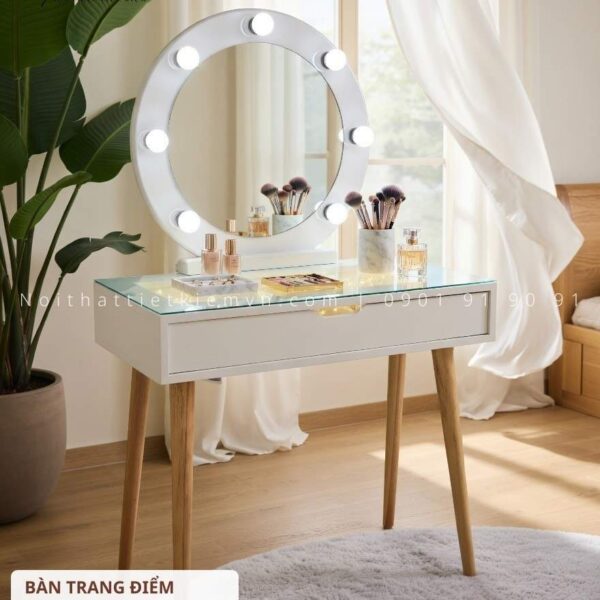 bàn trang điểm gương tròn có đèn led | bàn trang điểm gương tròn có đèn