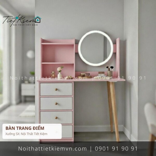 bàn trang điểm màu hồng gương tròn