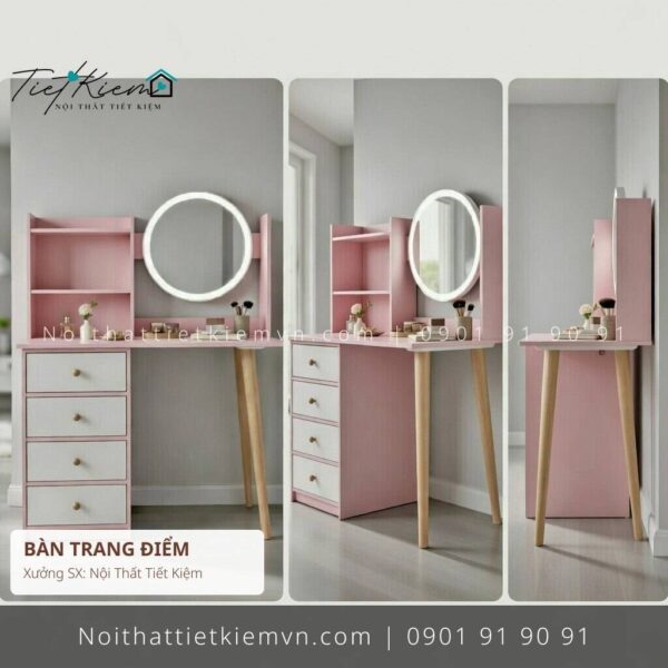 bàn trang điểm màu hồng gương tròn