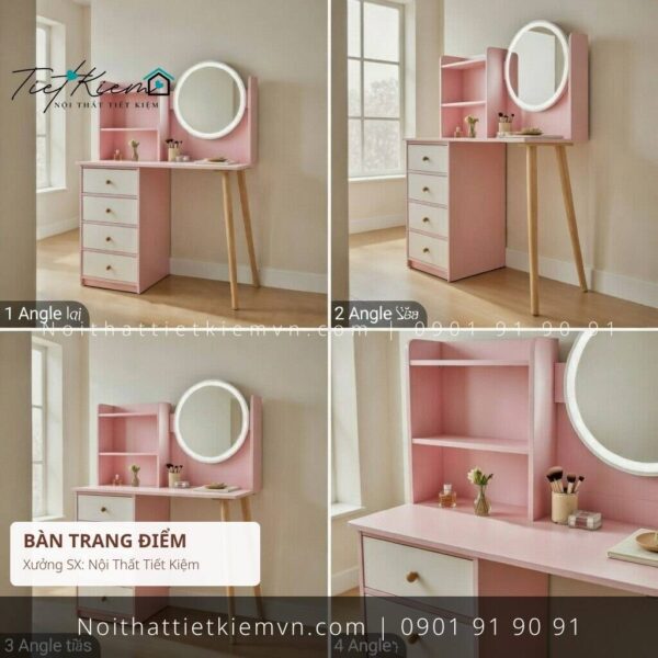 bàn trang điểm màu hồng gương tròn