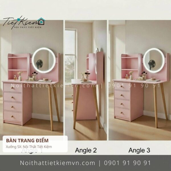 bàn trang điểm màu hồng gương tròn