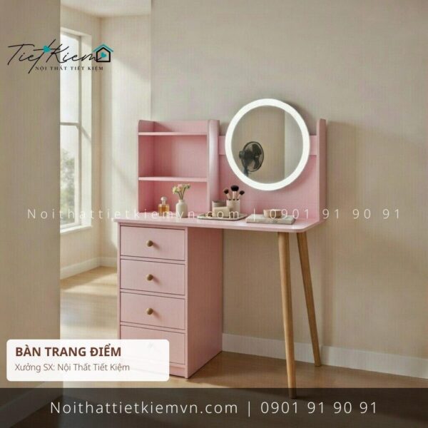 Bàn trang điểm màu hồng gương tròn đèn led