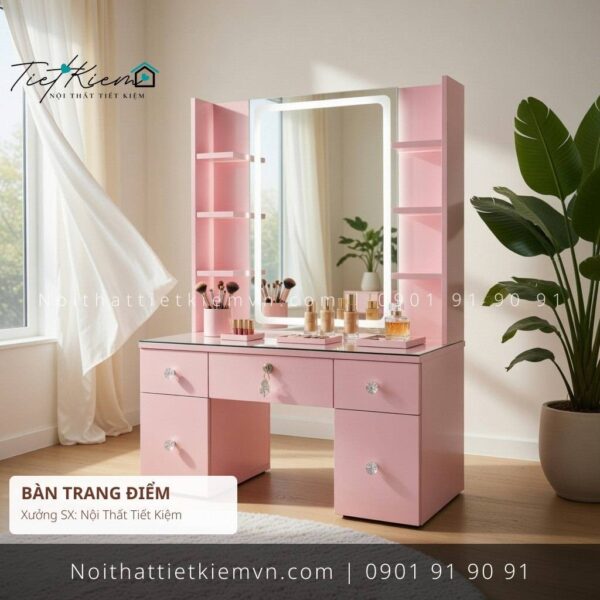 bàn trang điểm mini màu hồng ngang 1m | bàn trang điểm màu hồng