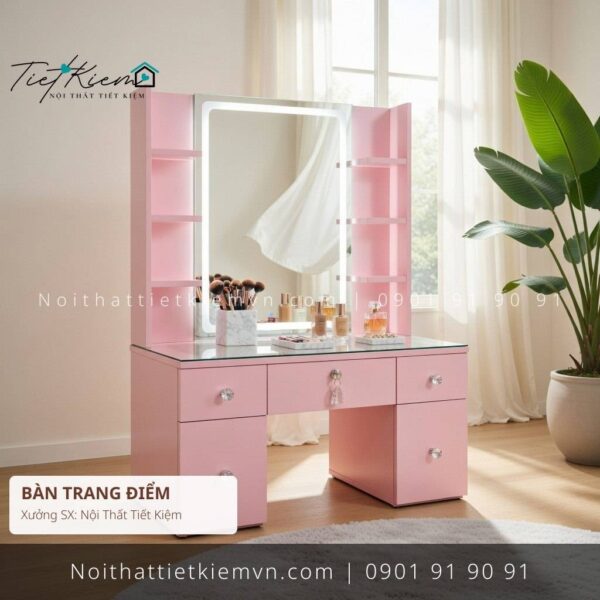bàn trang điểm mini màu hồng ngang 1m | bàn trang điểm màu hồng