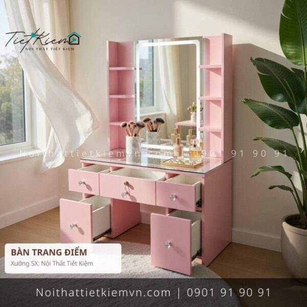 bàn trang điểm mini màu hồng ngang 1m | bàn trang điểm màu hồng