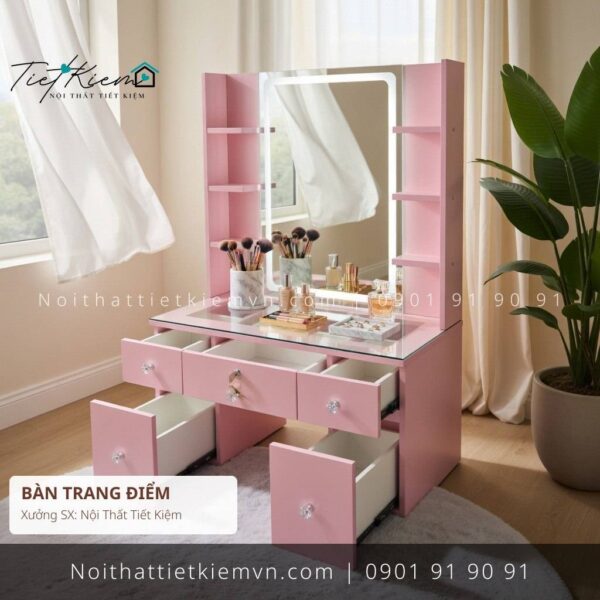 bàn trang điểm mini màu hồng ngang 1m | bàn trang điểm màu hồng