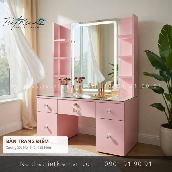 Bàn trang điểm mini màu hồng Ngang 1m