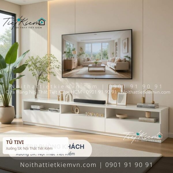 kệ tivi decor phòng khách màu trắng ngang 1m4