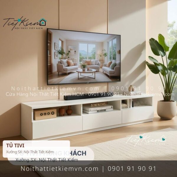 kệ tivi decor phòng khách màu trắng ngang 1m4