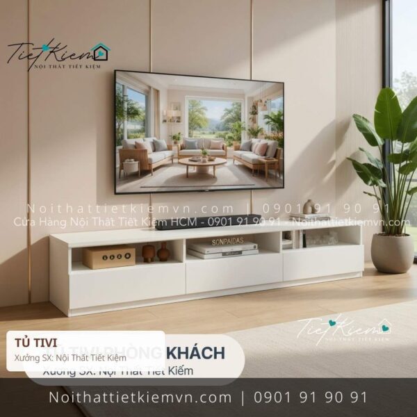 kệ tivi decor phòng khách màu trắng ngang 1m4