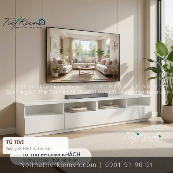 Kệ tivi decor phòng khách màu trắng ngang 1m4