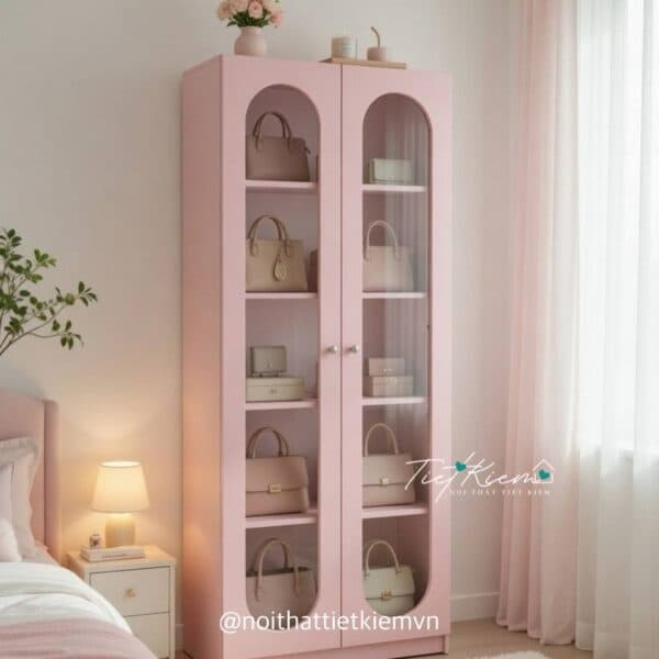 Tủ đựng túi xách màu hồng cánh kính vòng ngang 60cm