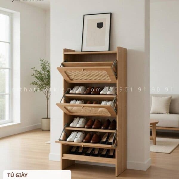 Tủ giày gỗ cánh lưới thoáng khí ngang 60cm cho chung cư